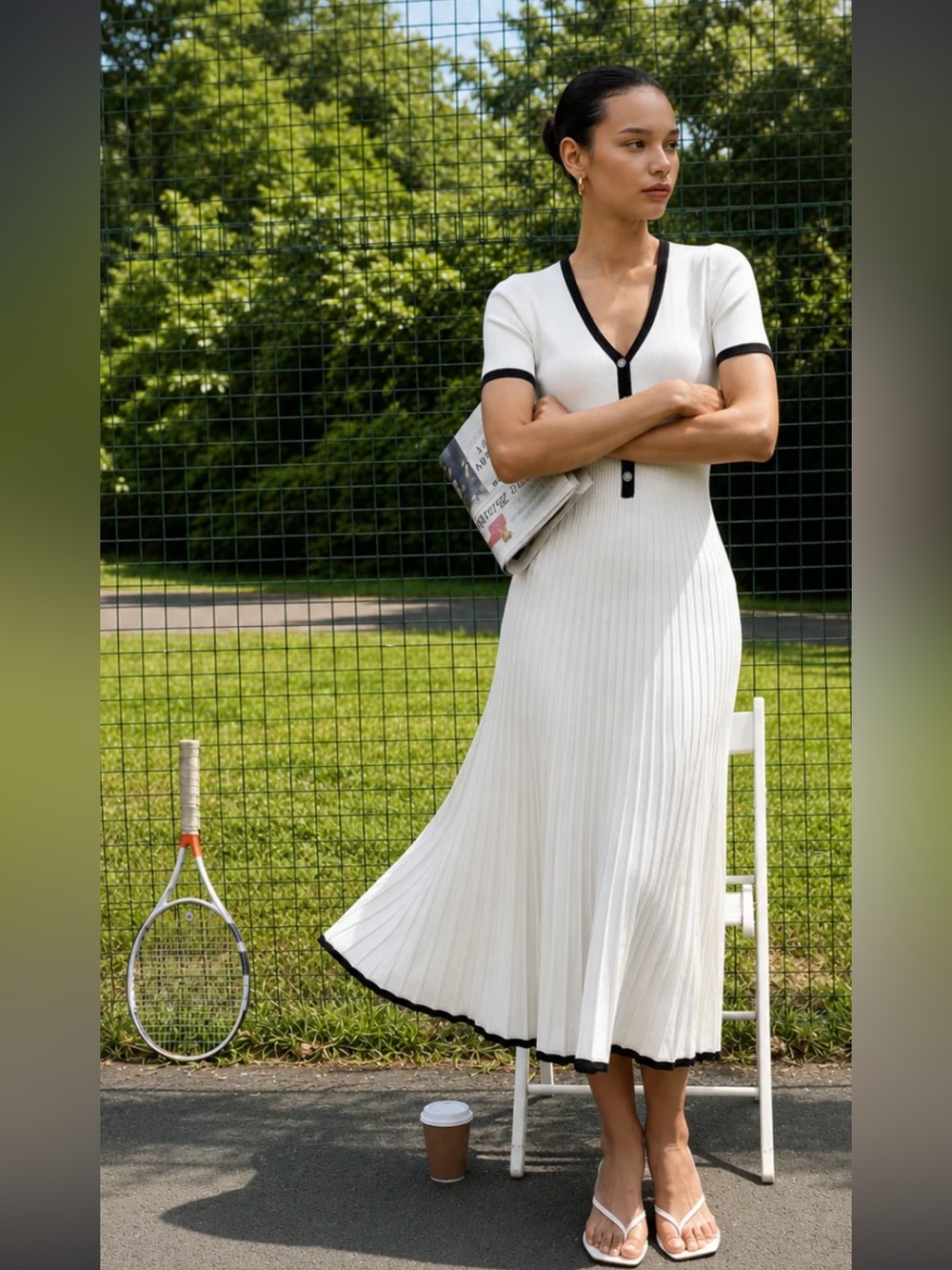 Commense White Midi Dress with Black Trim